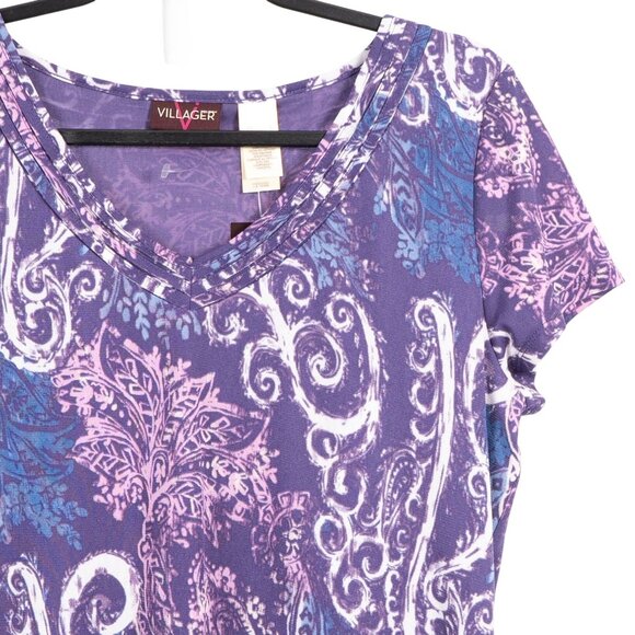 Villager Paisley Shirt Womens L NEW VNeck Purple Short Sleeve Mesh Layer Ruffle - Picture 3 of 5